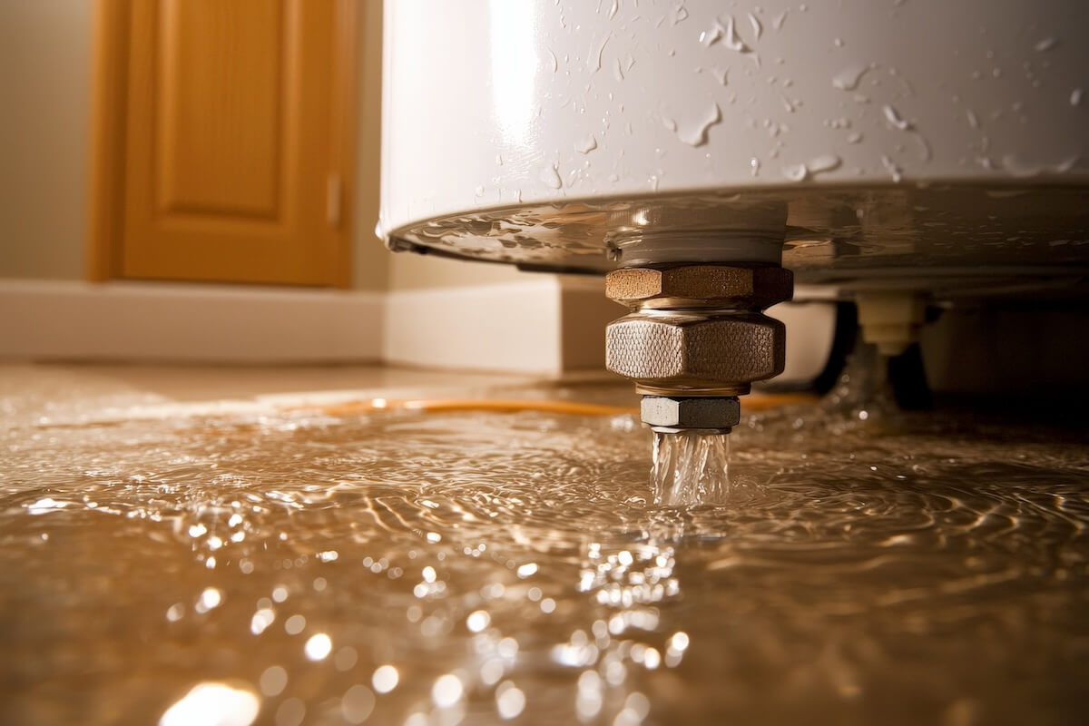 Close up of water heater with visible water leakage on floor, showcasing pressure balance inspection area. scene conveys urgency and need for maintenance